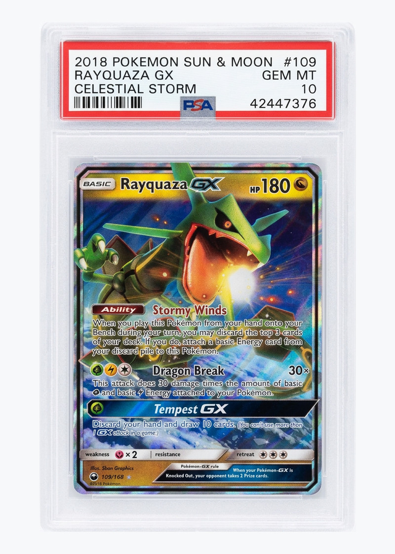 Rayquaza-GX 109/168 Celestial Storm 2018 - Rare Holo GX Holofoil EN (PSA 10 GEM MINT)