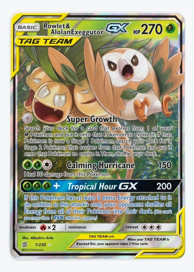 Rowlet & Alolan Exeggutor GX 1/236 Tag Team Unified Minds 2019 - Rare Holo GX Holofoil EN (Raw - Near Mint)