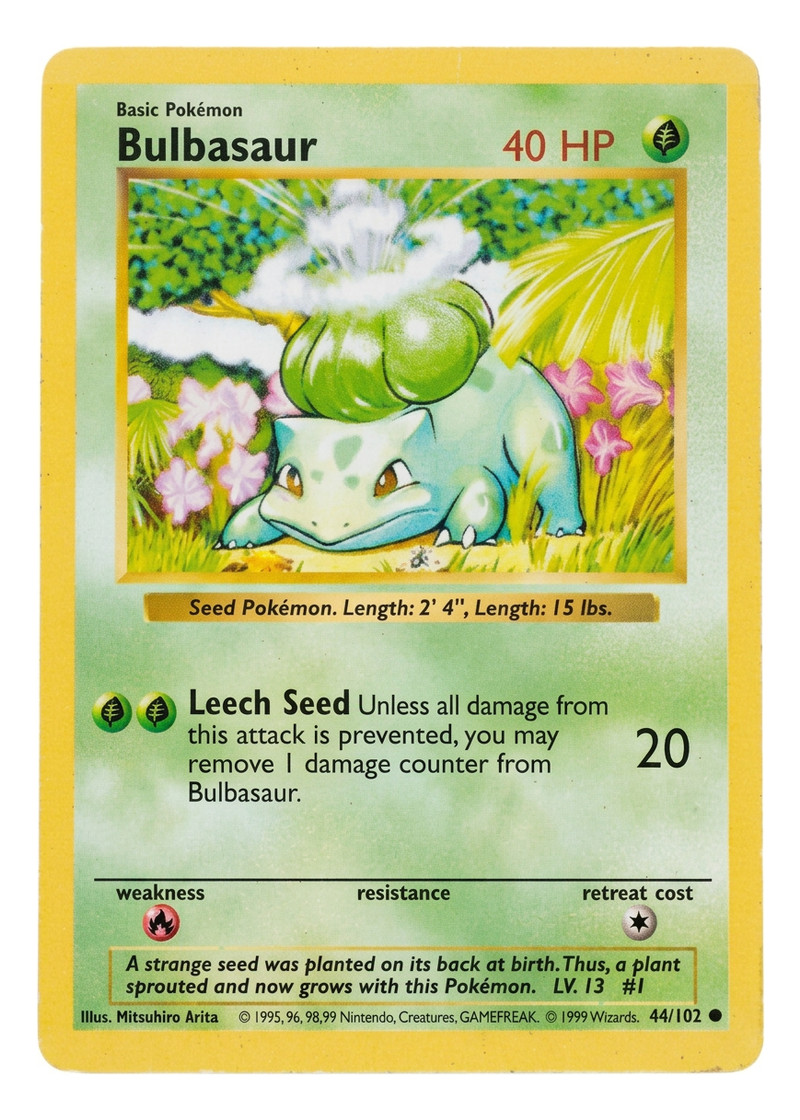 Bulbasaur 44/102 Base 1999 - Common Unlimited Shadowless EN (Raw - Moderately Played)