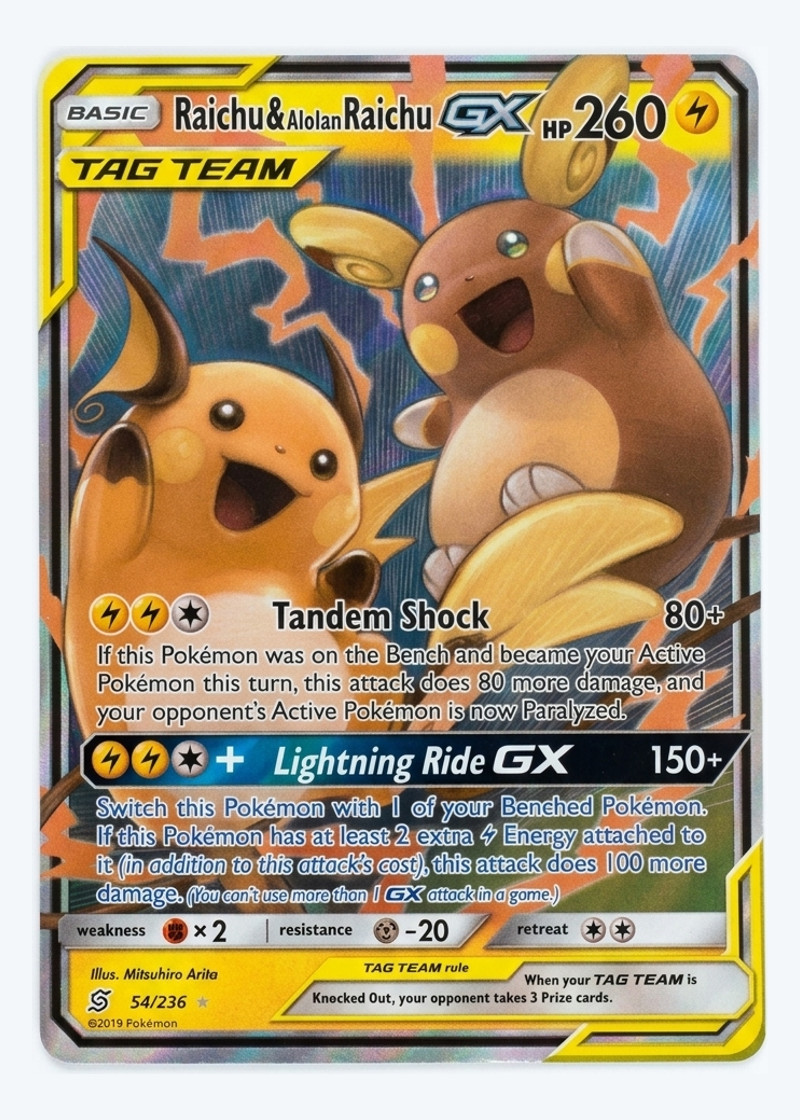 Raichu & Alolan Raichu GX 54/236 Tag Team Unified Minds 2019 - Rare Holo GX Holofoil EN (Raw - Near Mint)