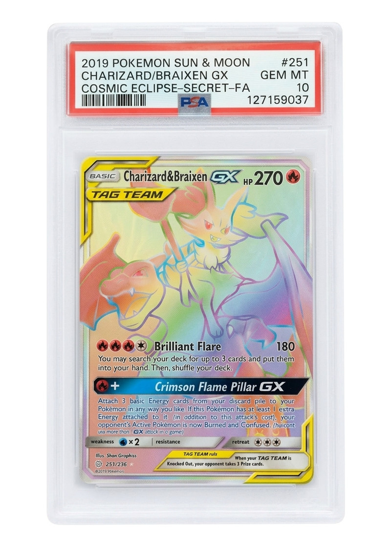 Charizard & Braixen GX Tag Team 251/236 Cosmic Eclipse 2019 - Rare Rainbow Holofoil EN (PSA 10 GEM MINT)