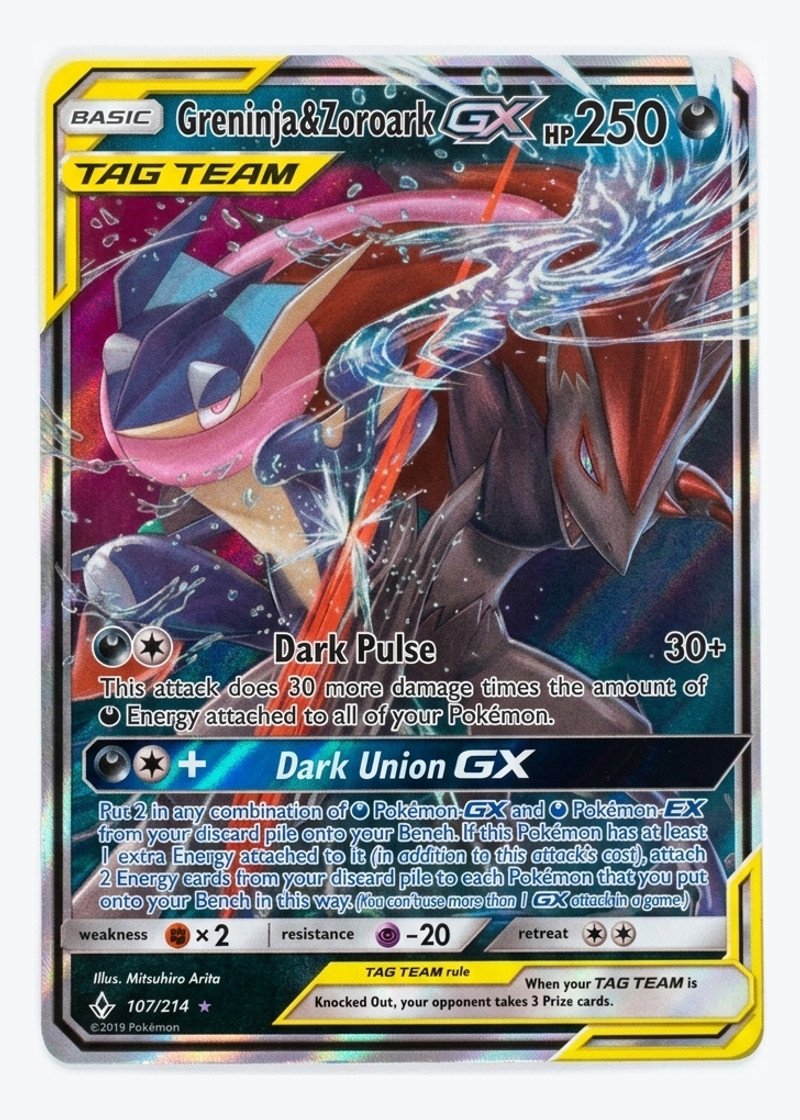 Greninja & Zoroark GX Tag Team 107/214 Unbroken Bonds 2019 - Rare Holo GX Holofoil EN (Raw - Near Mint)